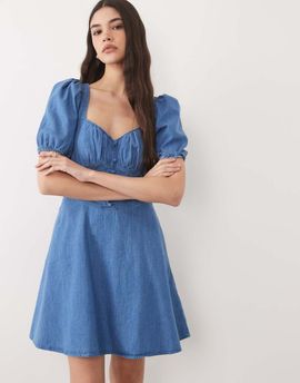 Nobody's Child Nobody's Child Tulla cotton denim sweetheart neckline puff sleeve mini dress in mid wash blue