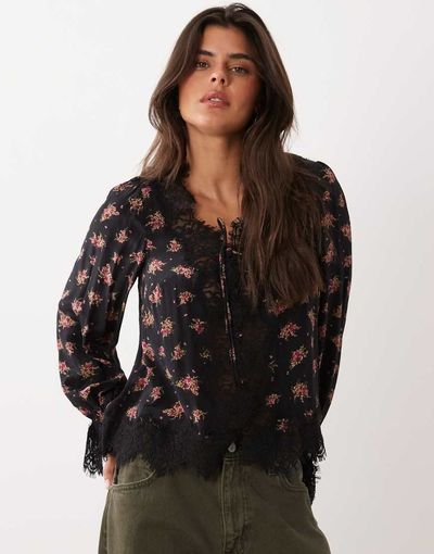 Nobody's Child Nobody's Child Wilde v-neck lace trim tie detail blouse in black floral-Multi