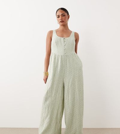 Nobody's Child Petite Nobody's Child Petite Cora linen mix button front jumpsuit in green stripes