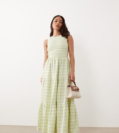 Nobody's Child Petite Nobody's Child Petite cotton shirred bodice tiered skirt maxi dress in light green gingham