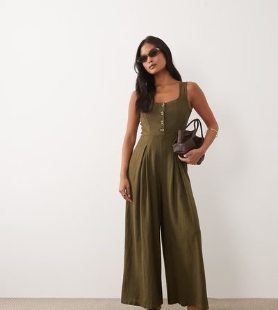 Nobody's Child Petite Nobody's Child Petite Lorey linen mix square neck wide leg jumpsuit in khaki-Green