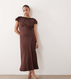 Nobody's Child Petite Nobody's Child Petite Marianna boat neck puff sleeve midi dress in brown polka dot