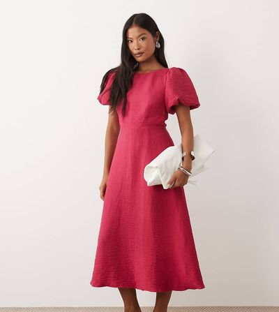 Nobody's Child Petite Nobody's Child Petite Occasion Zola bow back detail puff sleeve midaxi dress in raspberry-pink