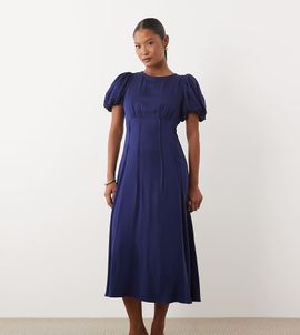 Nobody's Child Petite Nobody's Child Petite Quinn satin puff sleeve midi day dress in blue