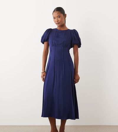 Nobody's Child Petite Nobody's Child Petite Quinn satin puff sleeve midi day dress in blue