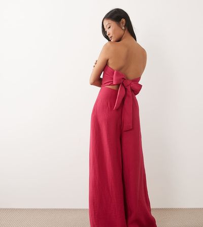 Nobody's Child Petite Nobody's Child Petite Rory linen mix tailored bandeau jumpsuit in dark pink