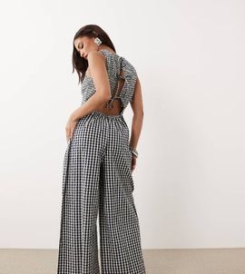 Nobody's Child Petite Nobody's Child Petite Ruth cotton shirred bodice open back jumpsuit in black gingham