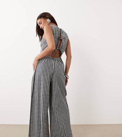 Nobody's Child Petite Nobody's Child Petite Ruth cotton shirred bodice open back jumpsuit in black gingham