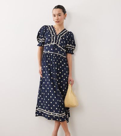 Nobody's Child Petite Nobody's Child Petite Saffy bell sleeve polka-dot midi dress in navy-Black