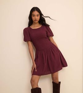 Nobody's Child Petite Nobody's Child Petite shirred bodice puff sleeve mini dress in deep burgundy-Purple