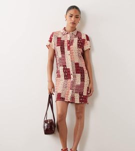 Nobody's Child Petite Nobody's Child Petite short sleeve mini shirt dress in red vintage patchwork