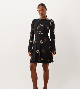Nobody's Child Petite Nobody's Child Petite stretch slash neck fluted sleeve mini skater dress in black floral
