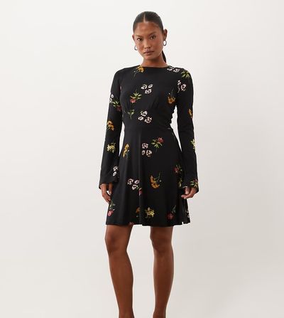 Nobody's Child Petite Nobody's Child Petite stretch slash neck fluted sleeve mini skater dress in black floral