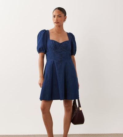Nobody's Child Petite Nobody's Child Petite Tulla denim sweetheart neckline puff sleeve mini dress in dark blue