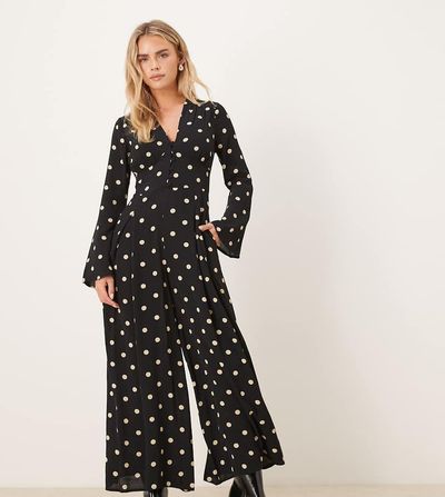 Nobody's Child Petite Nobody's Child Petite Valencia v-neck button front jumpsuit in black polka dots