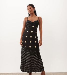 Nobody's Child Petite Nobody's Child Petite Zaria satin lace trim slit front cami midaxi dress in black mixed polka-dot print