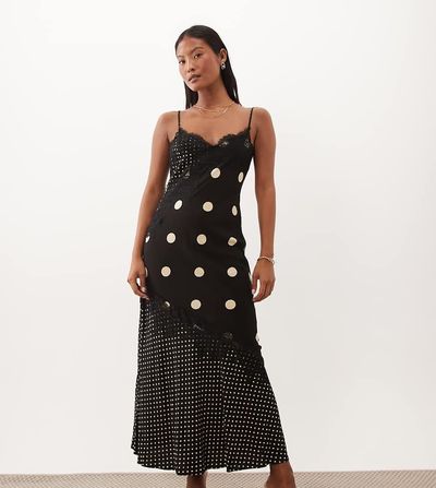 Nobody's Child Petite Nobody's Child Petite Zaria satin lace trim slit front cami midaxi dress in black mixed polka-dot print