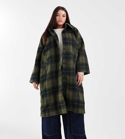 Noisy May Curve Noisy May Curve brushed wool look maxi overcoat in dark green plaid