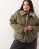 Noisy May Curve Noisy May Curve faux fur leopard collar detail quilted coat in khaki-Green - 1