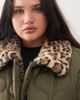 Noisy May Curve Noisy May Curve faux fur leopard collar detail quilted coat in khaki-Green - 3