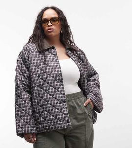 Noisy May Curve Noisy May Curve lightweight quilted jacket with corduroy contrast collar in brown plaid