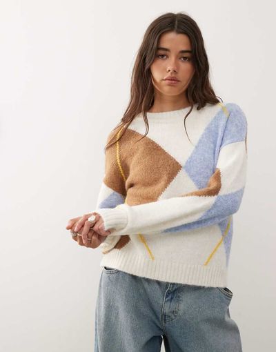 Noisy May Noisy May argyle sweater in beige plaid-Neutral
