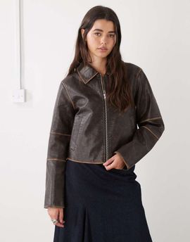 Noisy May Noisy May boxy faux leather jacket in brown with contrast detail