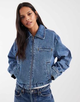 Noisy May Noisy May boxy zip up denim jacket in vintage mid blue