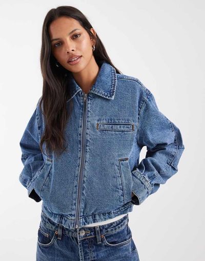 Noisy May Noisy May boxy zip up denim jacket in vintage mid blue