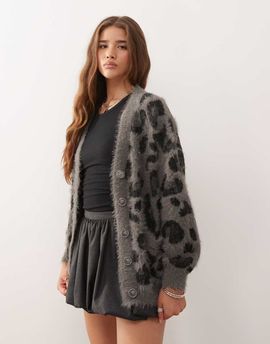 Noisy May Noisy May brushed knit leopard cardigan in gray