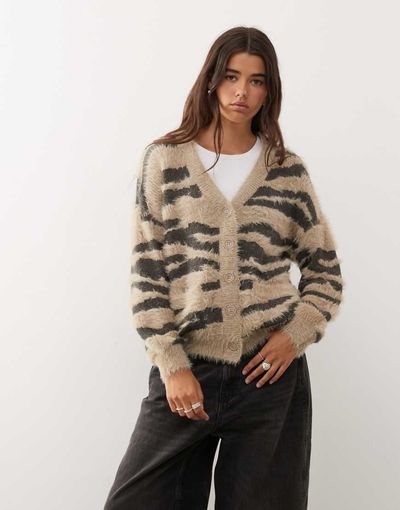 Noisy May Noisy May brushed knit zebra cardigan in beige and gray-Neutral