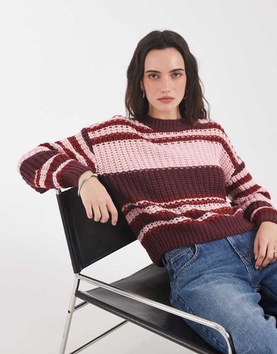 Noisy May Noisy May chunky open knit sweater in pink and plum stripes-Purple