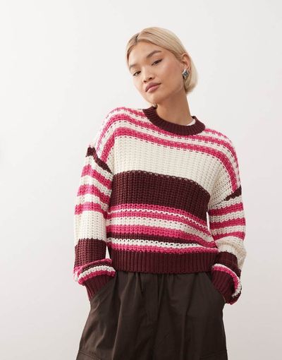 Noisy May Noisy May chunky open knit sweater in white & pink stripe-Red