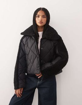 Noisy May Noisy May collar detail quilted short coat with teddy insert in black
