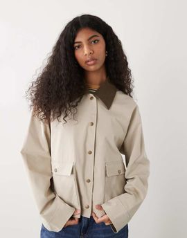 Noisy May Noisy May contrast collar lightweight barn jacket in stone-White