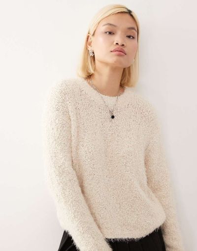 Noisy May Noisy May crew neck fluffy knit sweater in cream-White