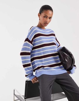 Noisy May Noisy May crew neck knit sweater in blue and burgundy stripes