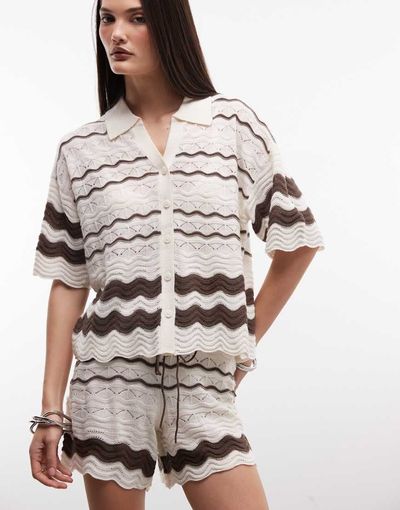 Noisy May Noisy May crochet polo in beige & brown - part of a set-Neutral