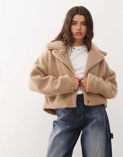 Noisy May Noisy May cropped teddy jacket in beige-White