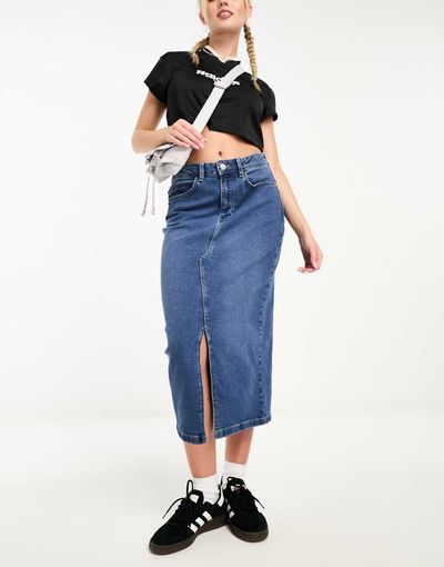 Noisy May Noisy May denim midi skirt in mid blue