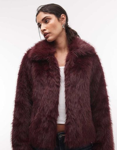 Noisy May Noisy May faux fur jacket in burgundy-Purple