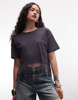 Noisy May Noisy May fringed T-shirt with stud detail in charcoal-Gray