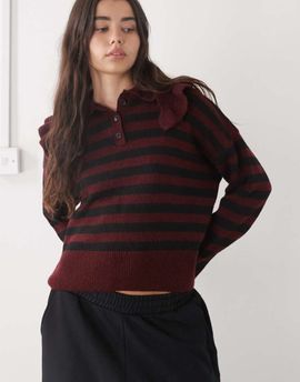 Noisy May Noisy May Henley knit sweater with Peter Pan collar in burgundy stripe-Red
