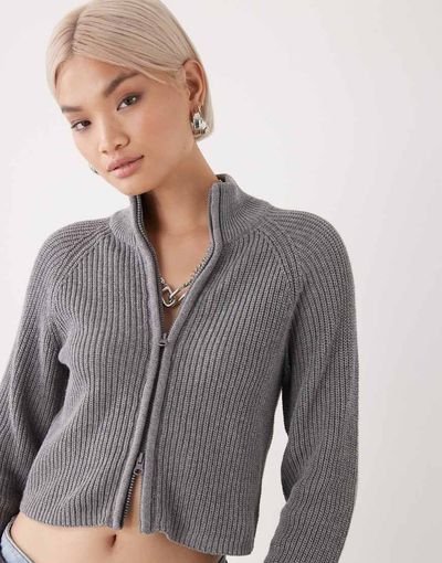 Noisy May Noisy May high neck full zip up cardigan in medium gray