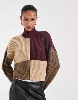 Noisy May Noisy May high neck zip up cardigan in burgundy and cream-Purple