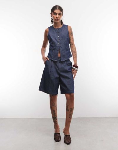 Noisy May Noisy May high rise tailored bermuda shorts in dark blue denim - part of a set