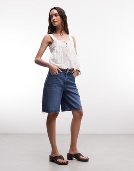 Noisy May Noisy May high waist Bermuda shorts in mid blue denim