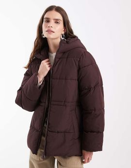 Noisy May Noisy May hooded puffer jacket with cinch waist in chocolate-Brown