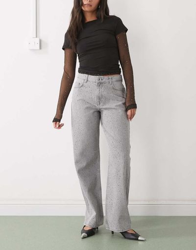 Noisy May Noisy May Jannel rhinestone high rise loose fit jeans in washed gray