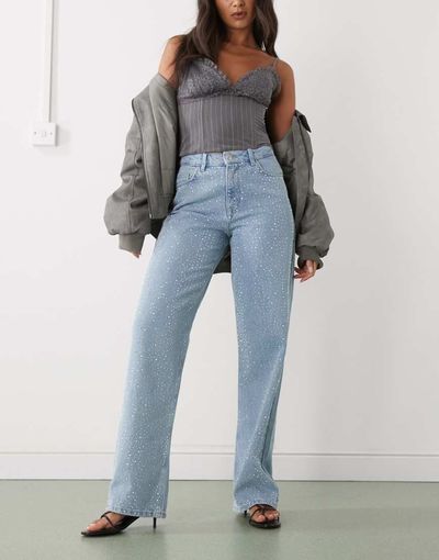 Noisy May Noisy May Jannel rhinestone high waist loose fit jeans in light blue